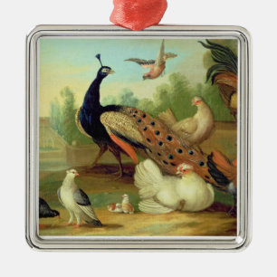 A Peacock, Doves, Chickens and a Jay in a Park Metal Tree Decoration