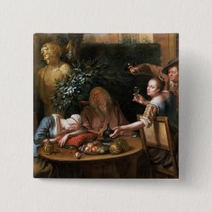 A peasant pours a drink for a woman while her husb 15 cm square badge