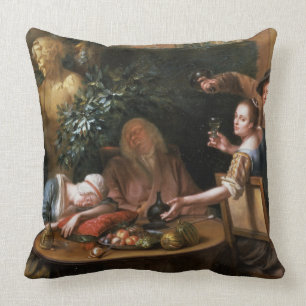 A peasant pours a drink for a woman while her husb cushion