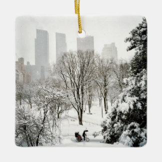 A Pedicab in Central Park During Winter Ceramic Tree Decoration