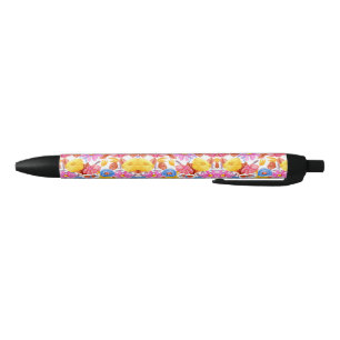 A pen with a colourful, floral-patterned body