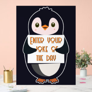 A penguin holding a sign with custom text