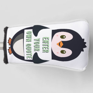 A penguin holding a sign with customizable text th golf head cover