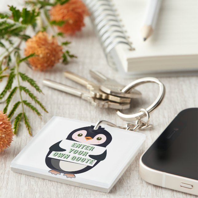 A penguin holding a sign with customizable text th key ring (Front Right)