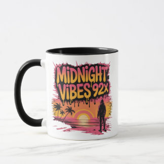 A person in a hoodie stands on a beach at sunset  mug