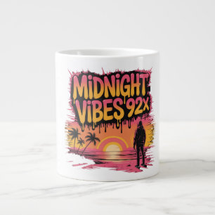 A person stands on a beach at sunset with palm  large coffee mug