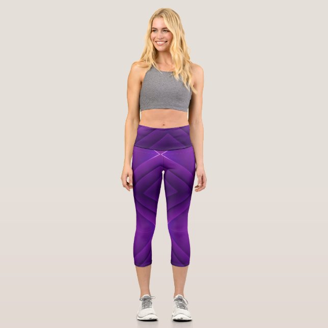 A person wearing purple geometric-patterned  capri leggings (Front)