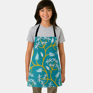 A person wears a teal apron