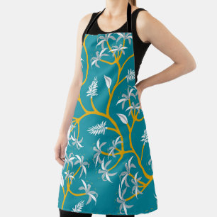 A person wears a teal apron with a vibrant yellow