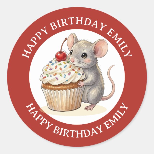A Personalised Birthday Mouse with Cupcake Classic Round Sticker (Front)