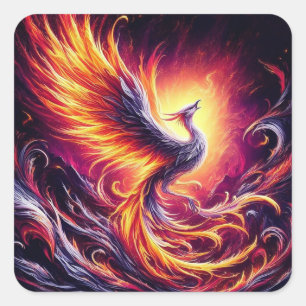 A phoenix rising from fiery ashes. square sticker