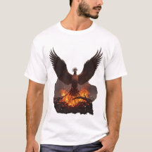 A phoenix rising from the ashes in a volcanic land