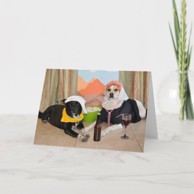 A photo of 2 dogs posing as an anniversary couple card (Front)