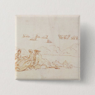 A Picnic: Two Ladies and a Gentleman (brown wash w 15 Cm Square Badge