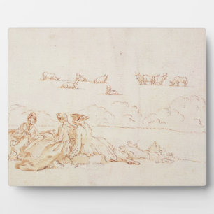 A Picnic: Two Ladies and a Gentleman (brown wash w Plaque