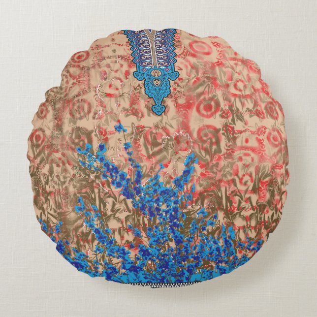 a picture of a blue and beige scarf round cushion (Front)