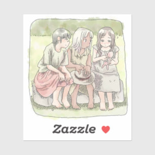 A picture of a three naked-footed girl sitting in 