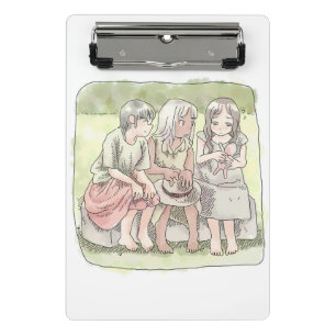 A picture of a three naked-footed girl sitting in mini clipboard