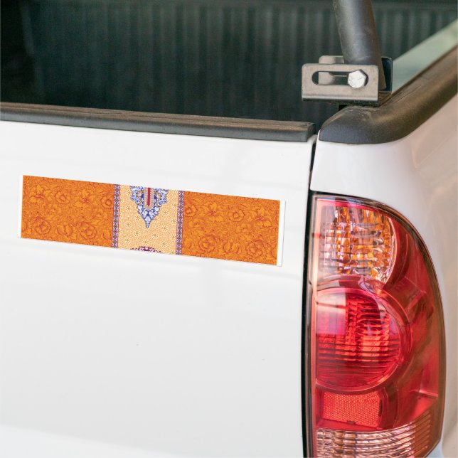 a picture of an orange and blue pattern bumper sticker (On Truck)