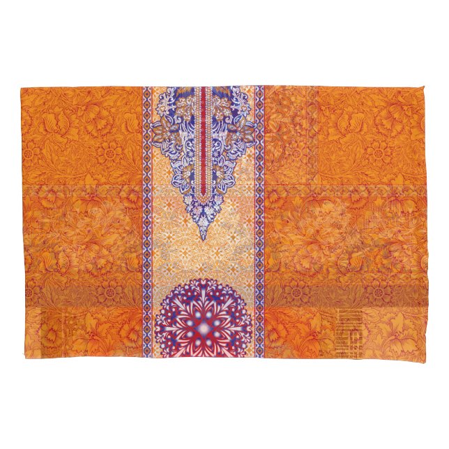 a picture of an orange and blue pattern pillowcase (Front)