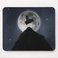 A pig flies across full moon over mountain peak
