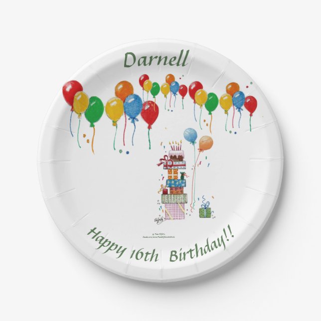 A Pile of Presents and Many Colourful  Balloons Po Paper Plate (Front)