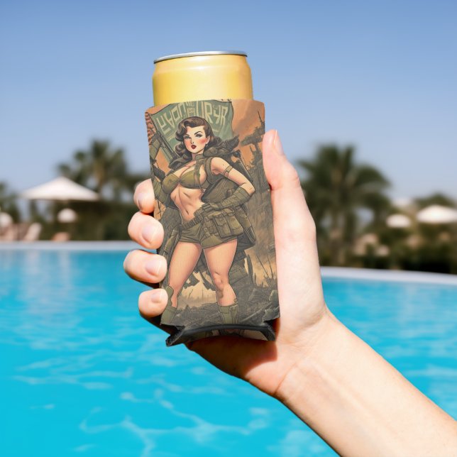 A Pin-Up Heroine in a Post-Apocalyptic World Seltzer Can Cooler (In Situ Pool)