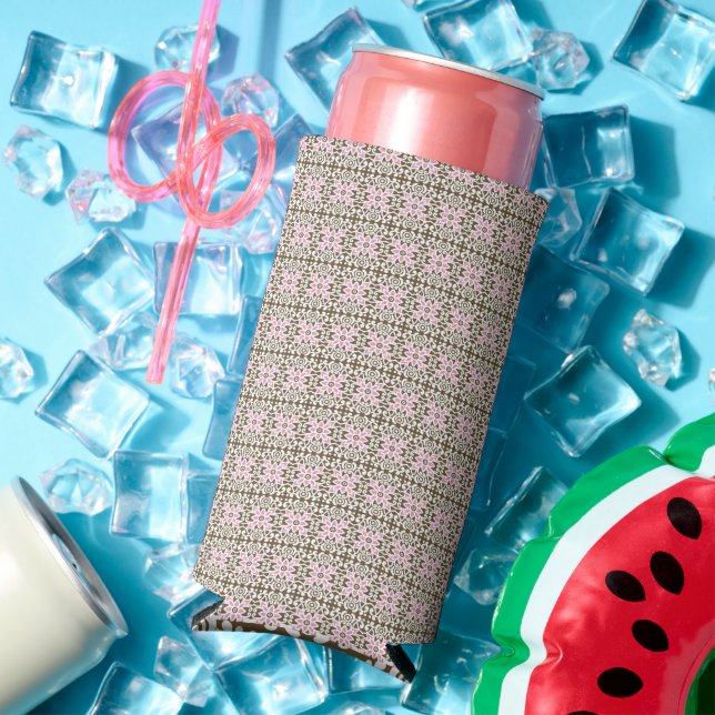 a pink and brown pattern on a white background seltzer can cooler (In Situ Summer)