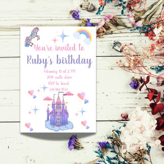 A pink and purple fairytale castle and unicorn invitation