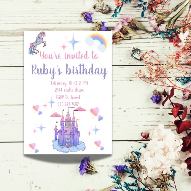A pink and purple fairytale castle and unicorn invitation (Creator Uploaded)