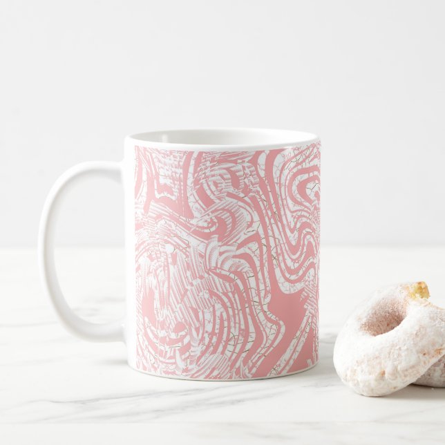 a pink and white abstract design on a white backgr coffee mug (With Donut)