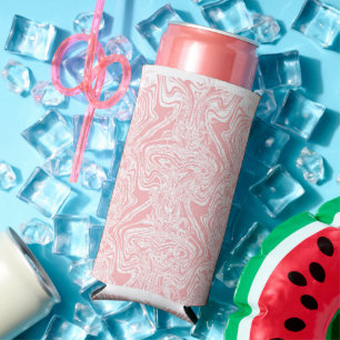 a pink and white abstract design on a white backgr seltzer can cooler