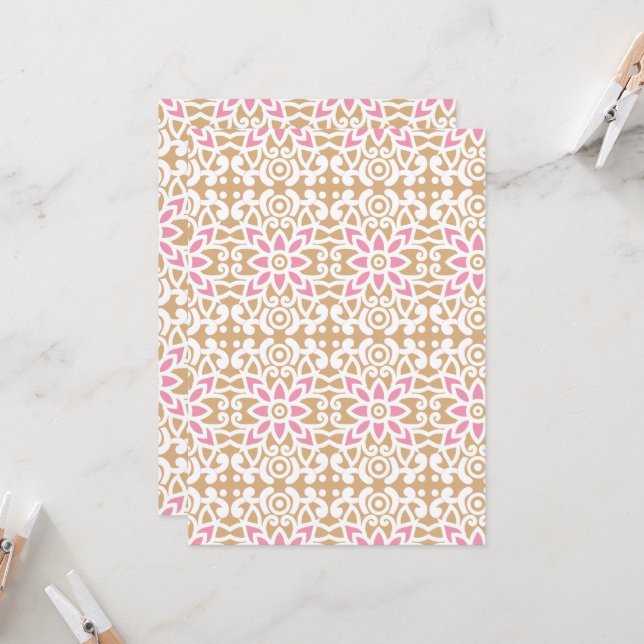 a pink and white flower pattern on a brown backgro invitation (Front/Back In Situ)