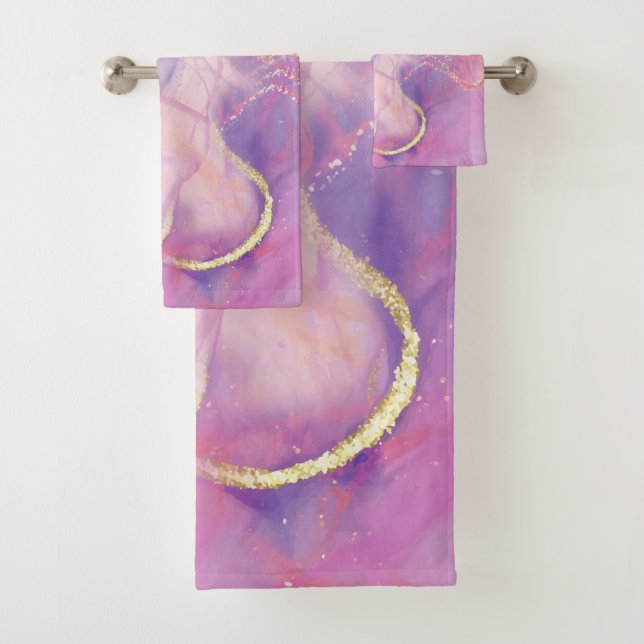 A Pink and White Marble Finish with Brushed Gold  Bath Towel Set (Insitu)