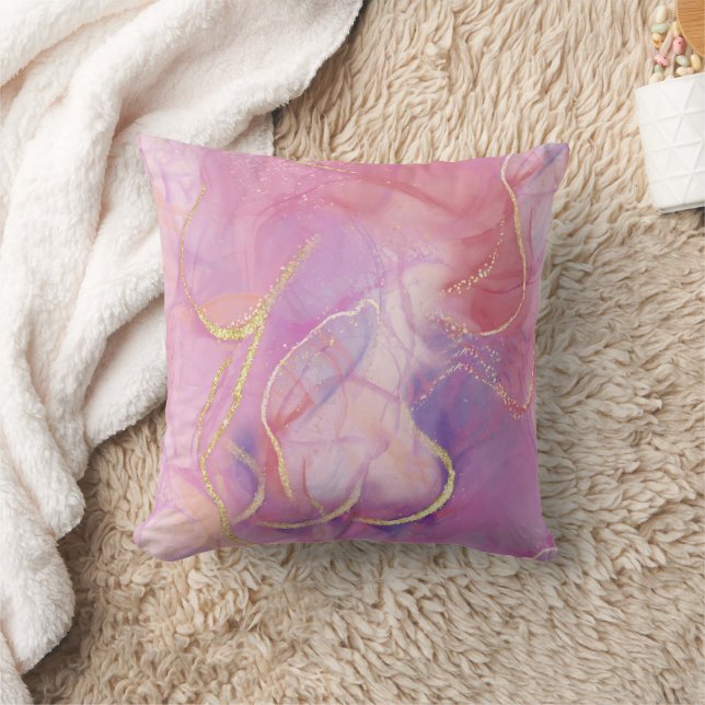 A Pink and White Marble Finish with Brushed Gold  Cushion (Blanket)