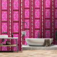 a pink and white wallpaper with a cross on it