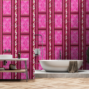 a pink and white wallpaper with a cross on it