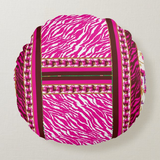 a pink and white wallpaper with a cross on it round cushion (Front)