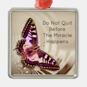 A pink butterfly on a cream satin background metal ornament