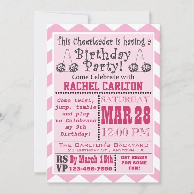 A Pink Cheerleading Birthday Party Invitation (Front)