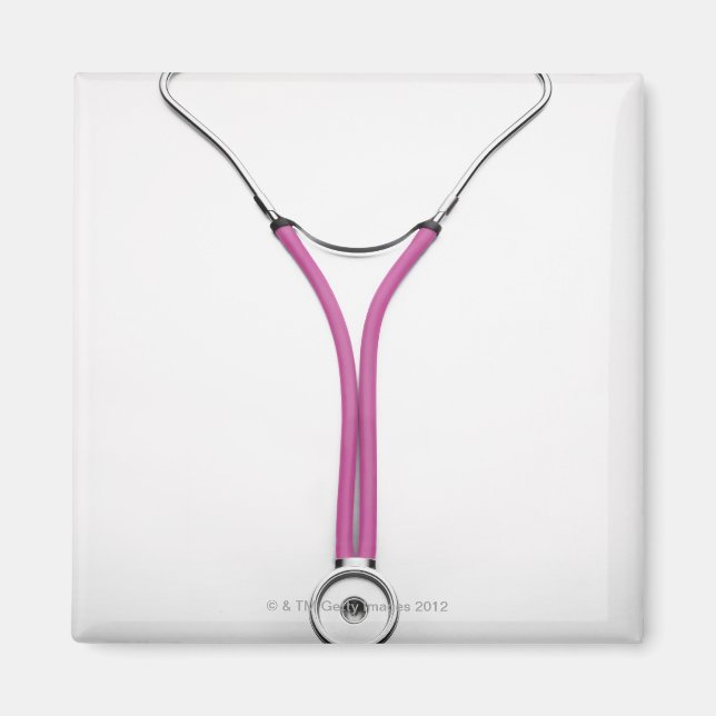 A pink doctors stethoscope displaying the symbol magnet (Front)
