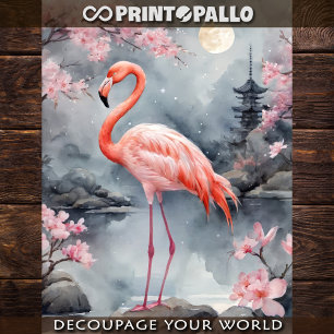 A pink flamingo in a japanese lake - Decoupage  Wrapping Paper Sheet