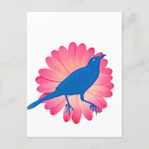 A pink flower and a bird holiday postcard