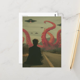 A pink octopus and UFOs Person sitting on roadside Postcard