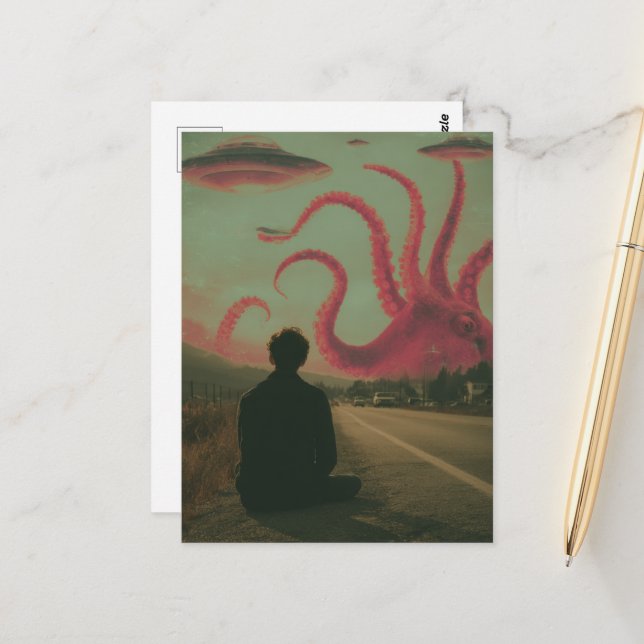 A pink octopus and UFOs surreal AI generated art Postcard (Front/Back In Situ)