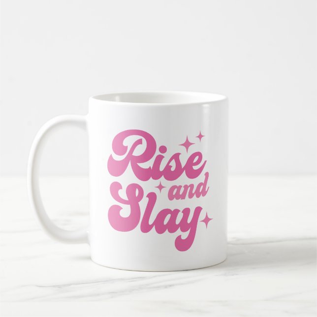 A pink retro Rise and Slay Coffee Mug (Left)