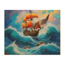 A Pirate Ship in a Wave of Water Wood Wall Art
