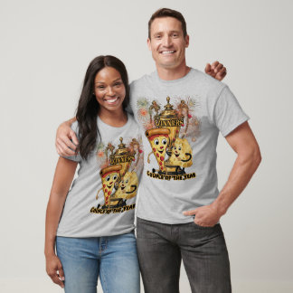A Pizza and Cheese Dancing Together on a Grey T-Shirt