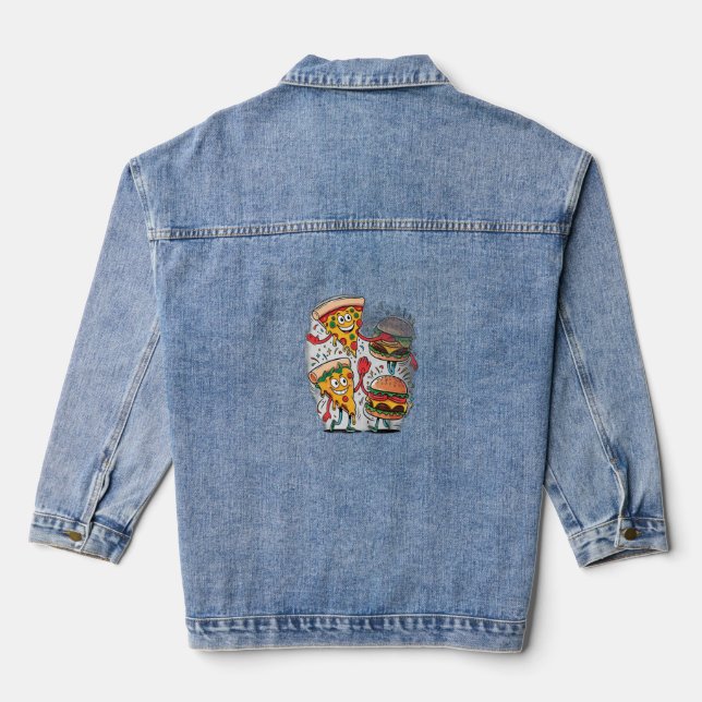 A pizza slice high-fiving a burger. denim jacket (Back)