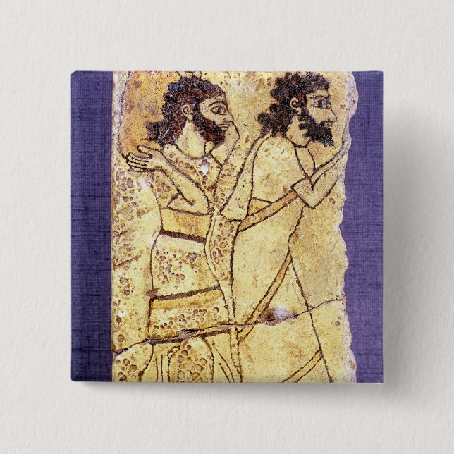 A plaque depicting two men walking 15 cm square badge (Front)